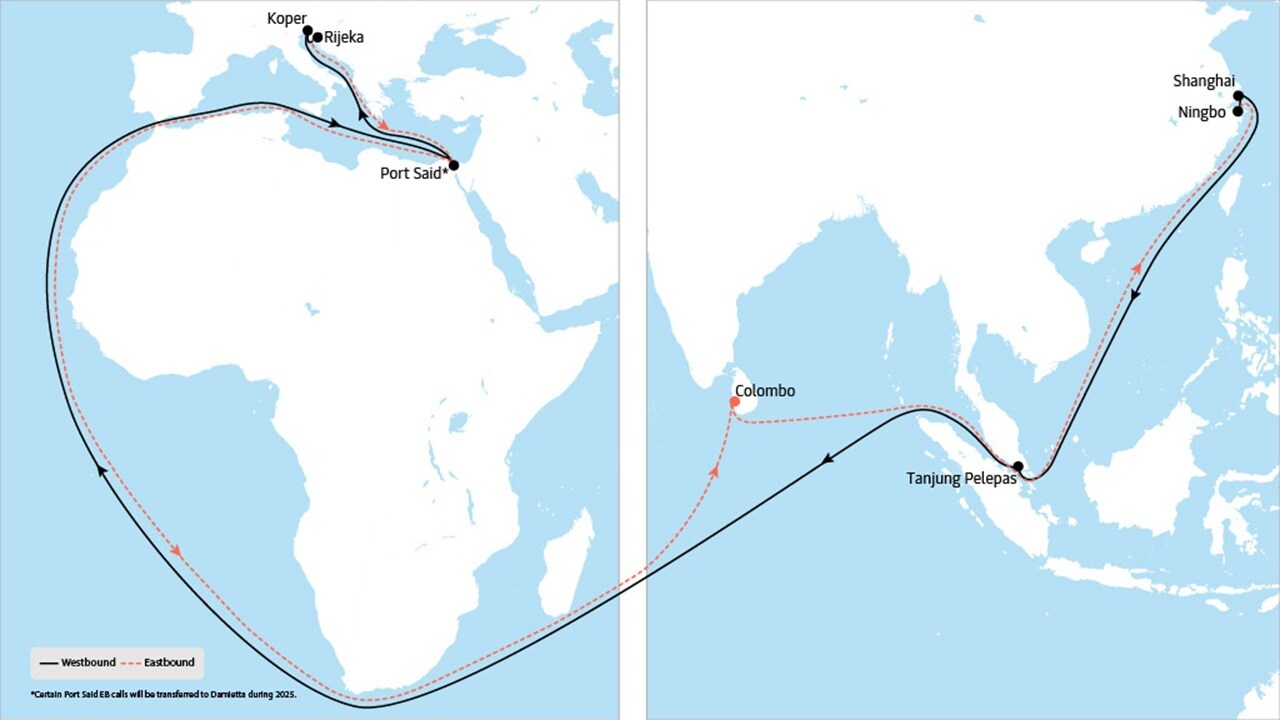 AE 12 - Asia to Europe service map