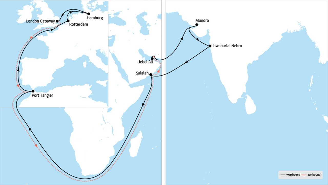 ME 1 - Middle East to Europe service map