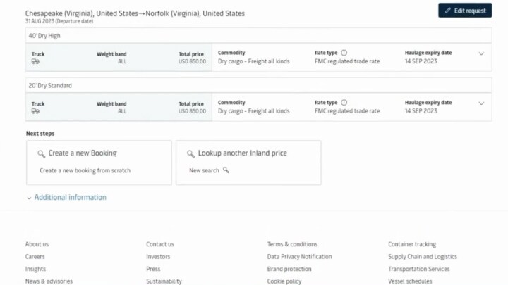 Maersk’s Inland Price Lookup tool listing price, container type, rate type, haulage expiry date, etc. that is shown upon clicking ‘look up prices’ after entering your origin, inland location and gateway in the Inland Price Lookup tool.