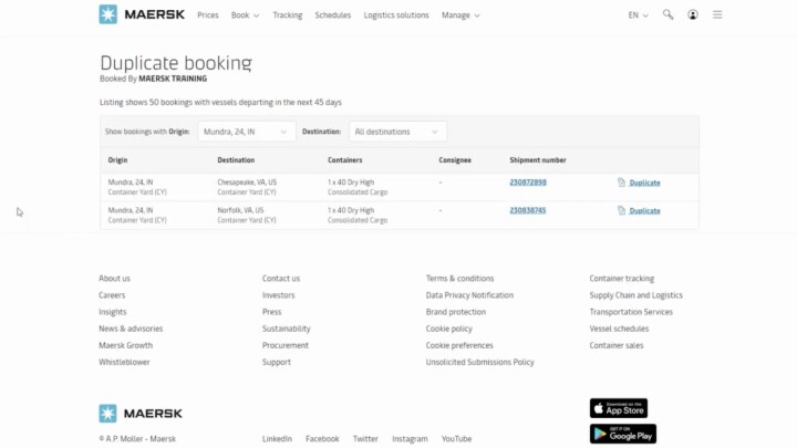 Screenshot showing Maersk Spot’s Duplicate Booking page listing previous bookings with the option to duplicate them next to it.