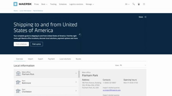 Screenshot showing Maersk’s Logistics Services page with Local Information for their Offices and Ports in the USA.