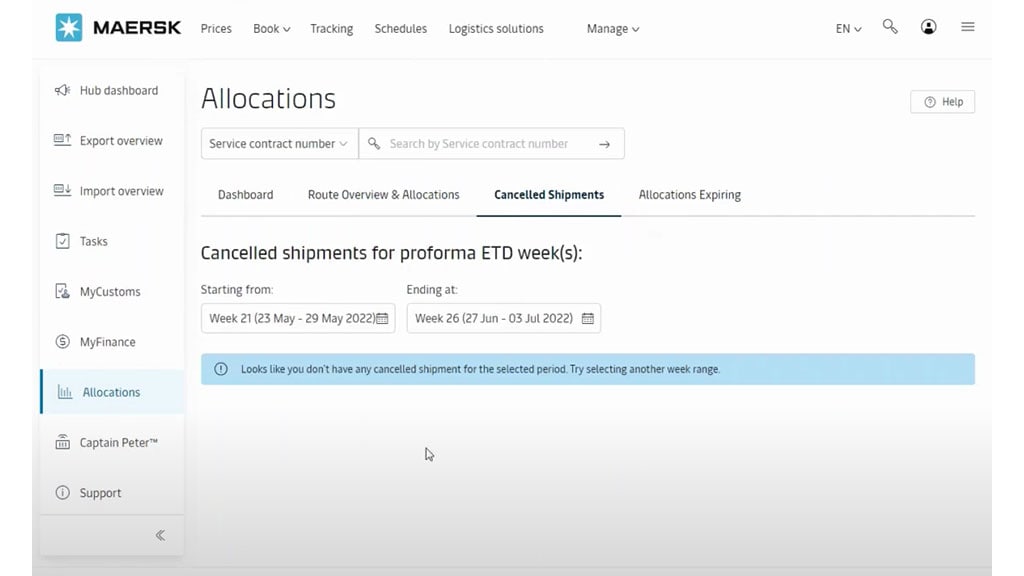 Canceled Shipments tab showing any canceled bookings during a period