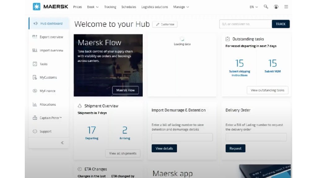 Demurrage and detention tool in Maersk’s MyFinance dashboard