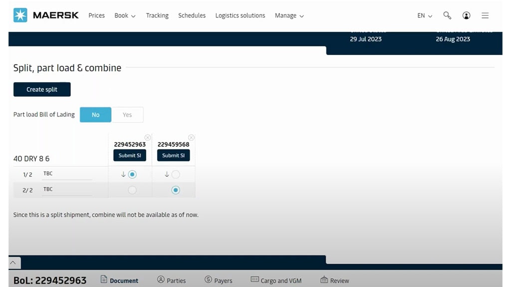 Split, part load, and combine options for Bill of Lading in the Shipping Instructions submit portal