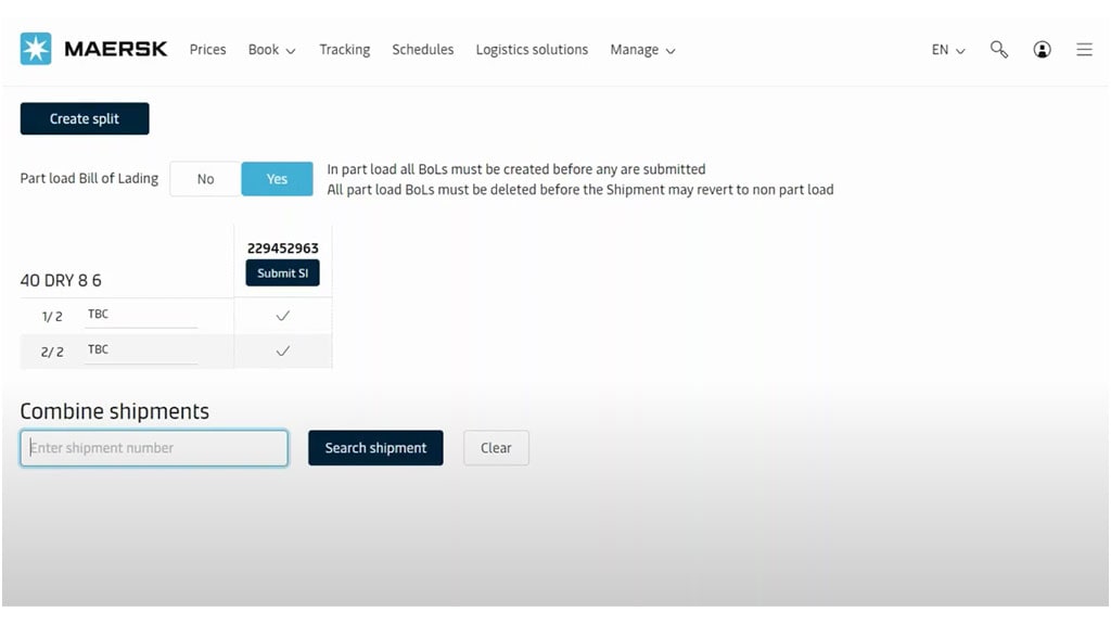 Combine shipments option in the Shipping Instructions submit portal