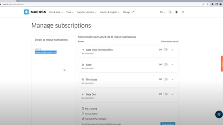 Manage Subscriptions page in Maersk Portal with options to switch subscription on/off for Gate in and Terminal/Port, Load, Discharge, Gate Out, Bill of Lading, Arrival Notice, and Transport Plan Changes.