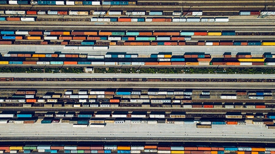 Trains on tracks from above