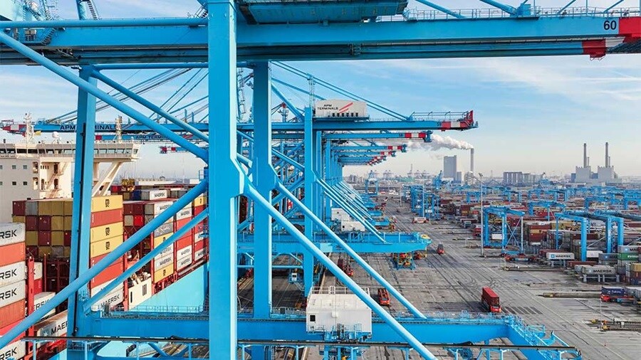 Birds-eye view over the APMT Maasvlakte II terminal in Rotterdam, showing cranes and container yard.