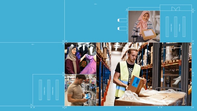 A collage depicting various individuals engaged in tasks within a warehouse environment.