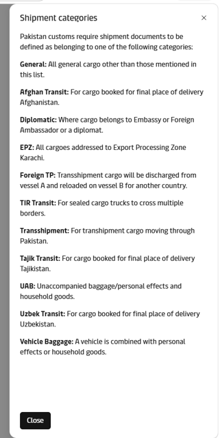 Shipment category