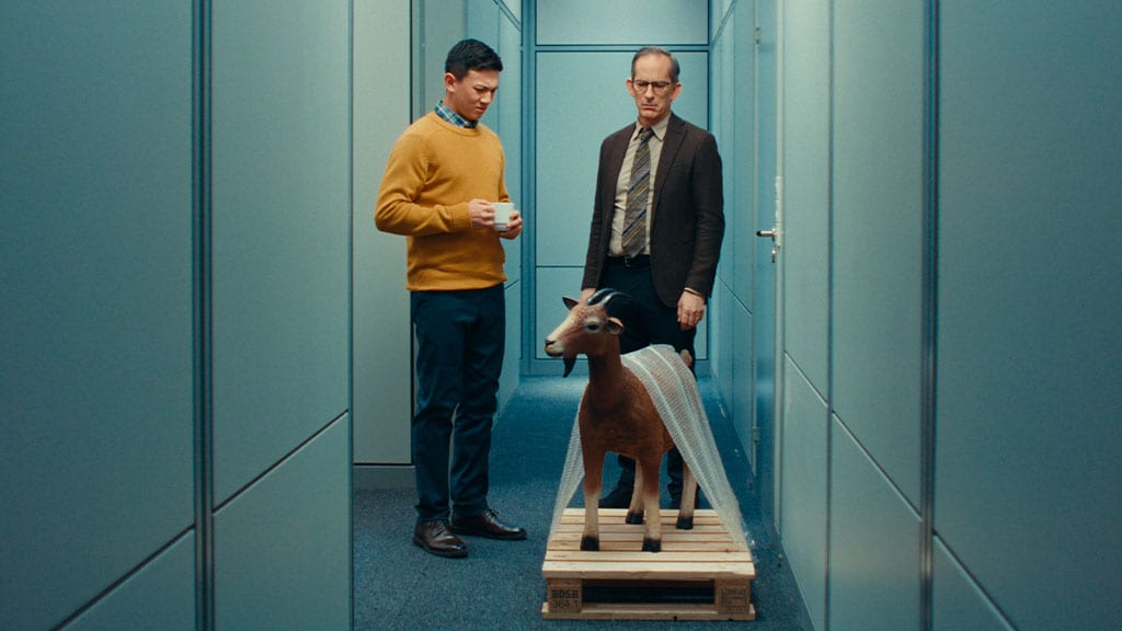 Two men with a goat delivered to their office.
